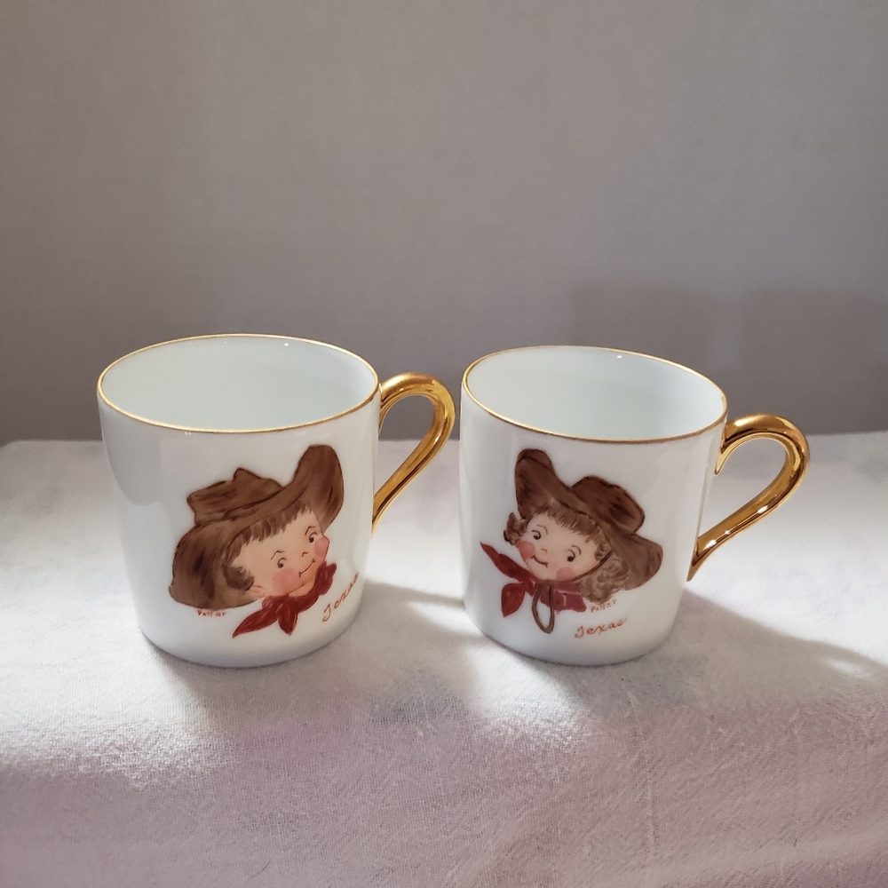 Super Cute Little Porcelain Mugs With a Boy and Girl in Western Wear from Texas
